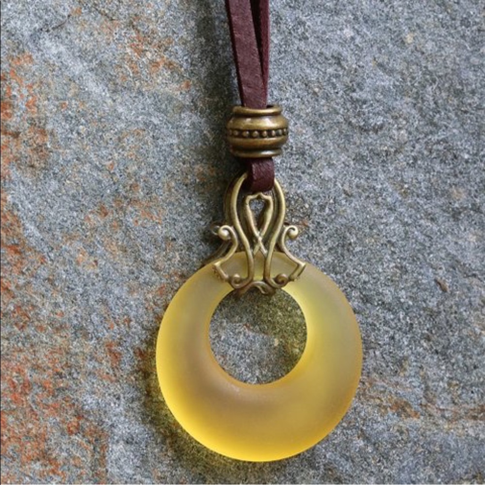 🌼Yellow Sea Glass & Leather Pendant Necklace New!